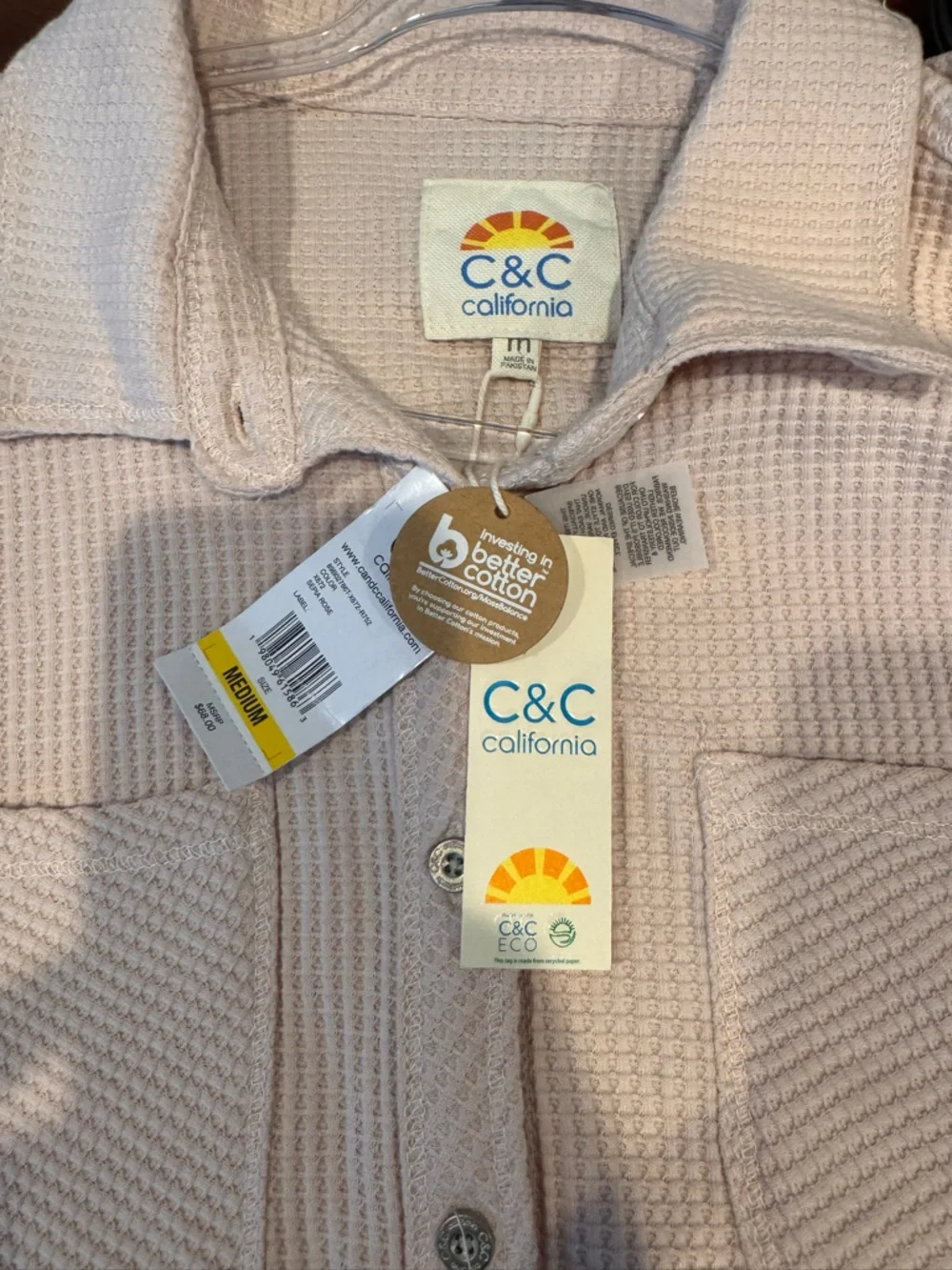 NWT C&C California Waffle Knit Pink Button Down Size M - Picture 4 of 8